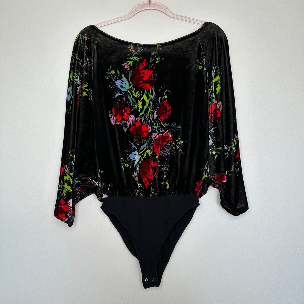 Free People Velvet Bodysuit Floral‎ Black Bloomcore Relaxed Whimsigoth Small